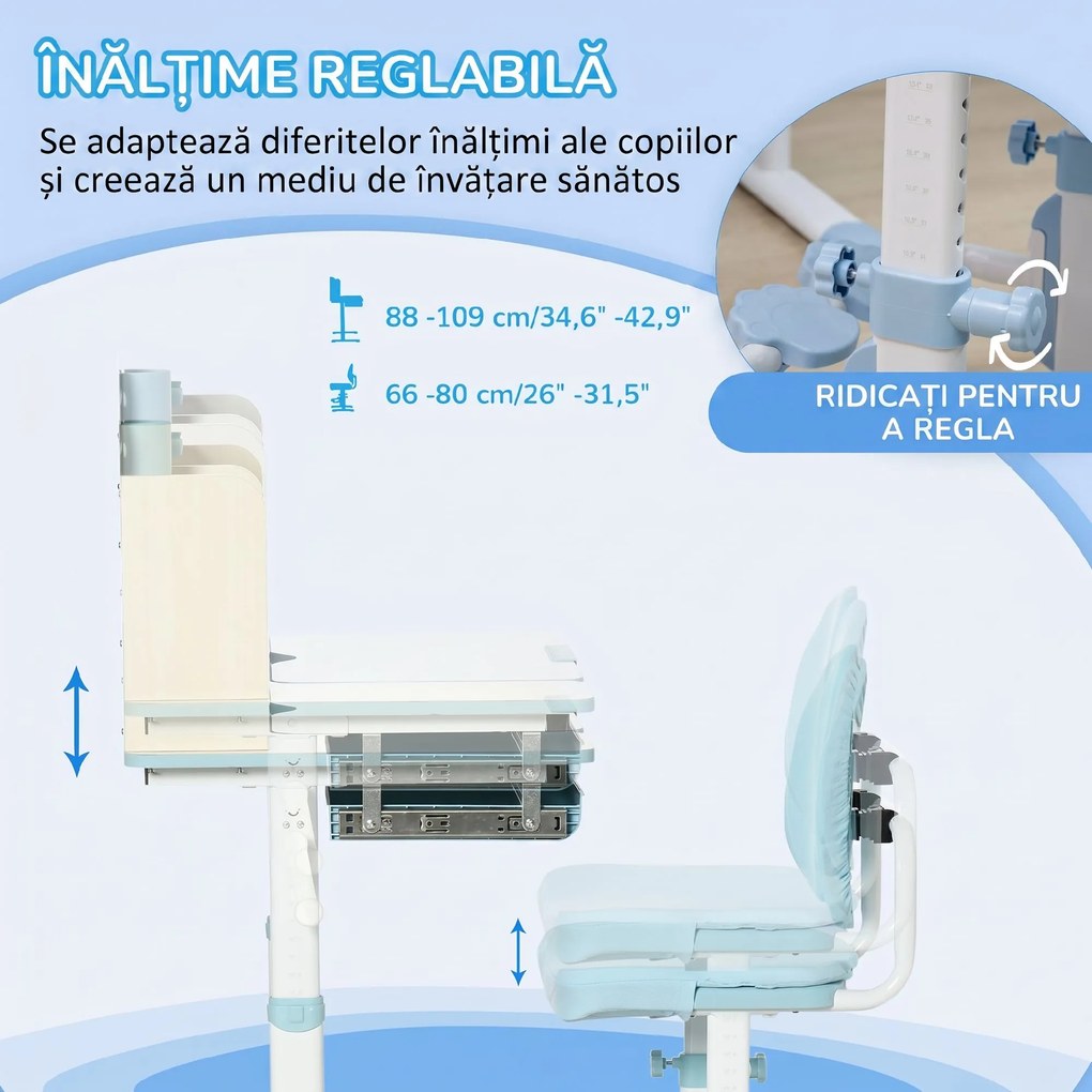 HOMCOM Set de birou si scaun cu inaltime reglabila Birou de scriere pentru copii masa de studiu pentru scoala cu raft | Aosom Romania