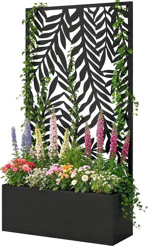 Outsunny Jardinieră cu protecție vizuală jardinieră cu spalier motive cu frunze tropicale 61 x 23 x 113 cm Negru | Aosom Romania
