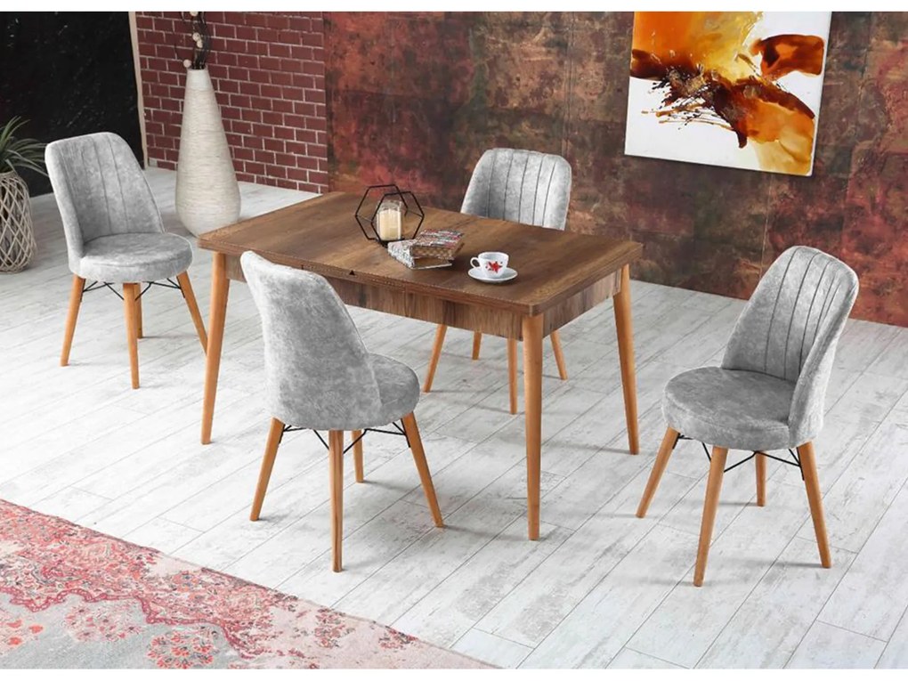 Set DREAM, masa extensibila maro Barok cu 6 scaune gri deschis Hisar 01, dreptungiulara, 6 persoane, 130 170x80x80 cm