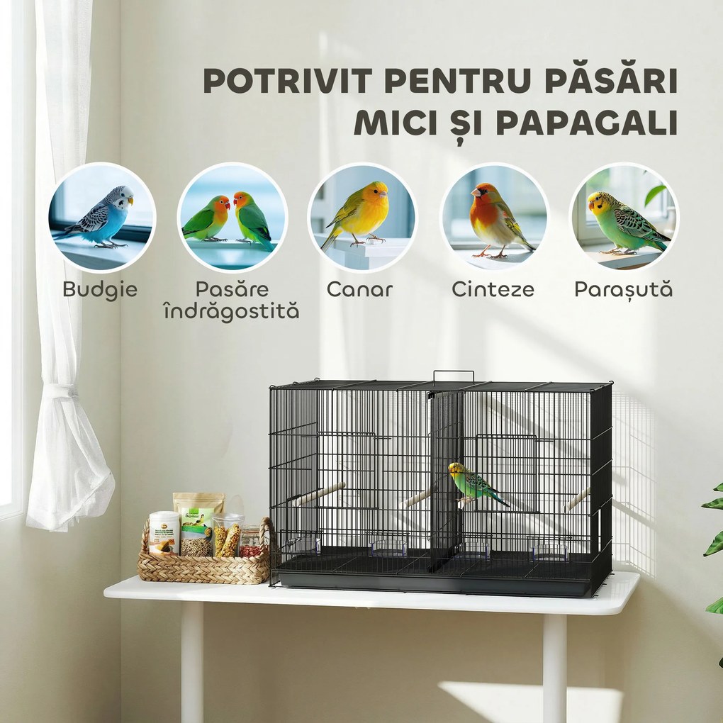 PawHut Colivie pentru Păsări cu Separator, Raft Inferior, 4 Stinghii și 4 Hrănitoare, 94x57x57 cm, Negru | Aosom Romania