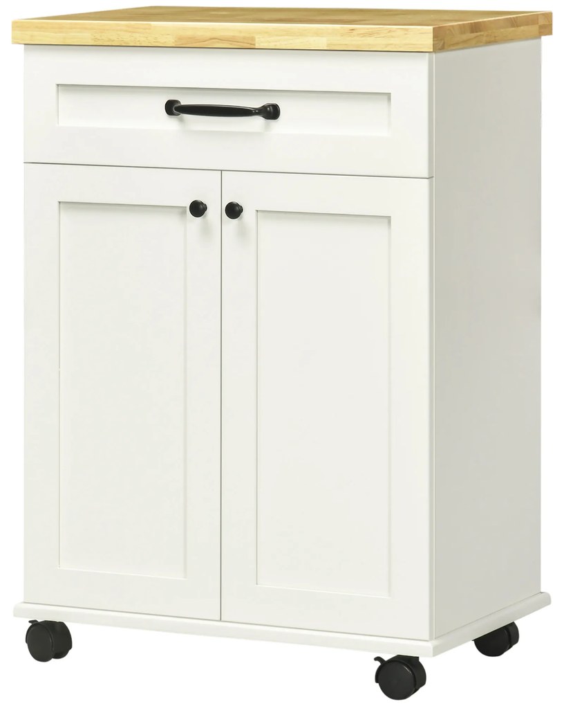 HOMCOM Căruț de bucătărie pe roți cu multiple depozitări 1 sertar 1 dulap 1 suport pentru prosoape alb cu blat din lemn | Aosom Romania