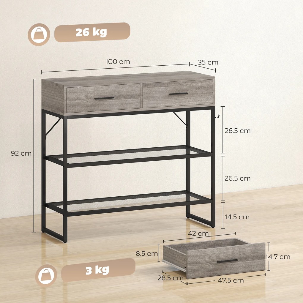 HOMCOM Console Table with 2 Drawers and 2 Mesh Shelves, Hallway Table with Metal Frame for Living Room, Entryway, Light Grey Wood Effect | Aosom Romania