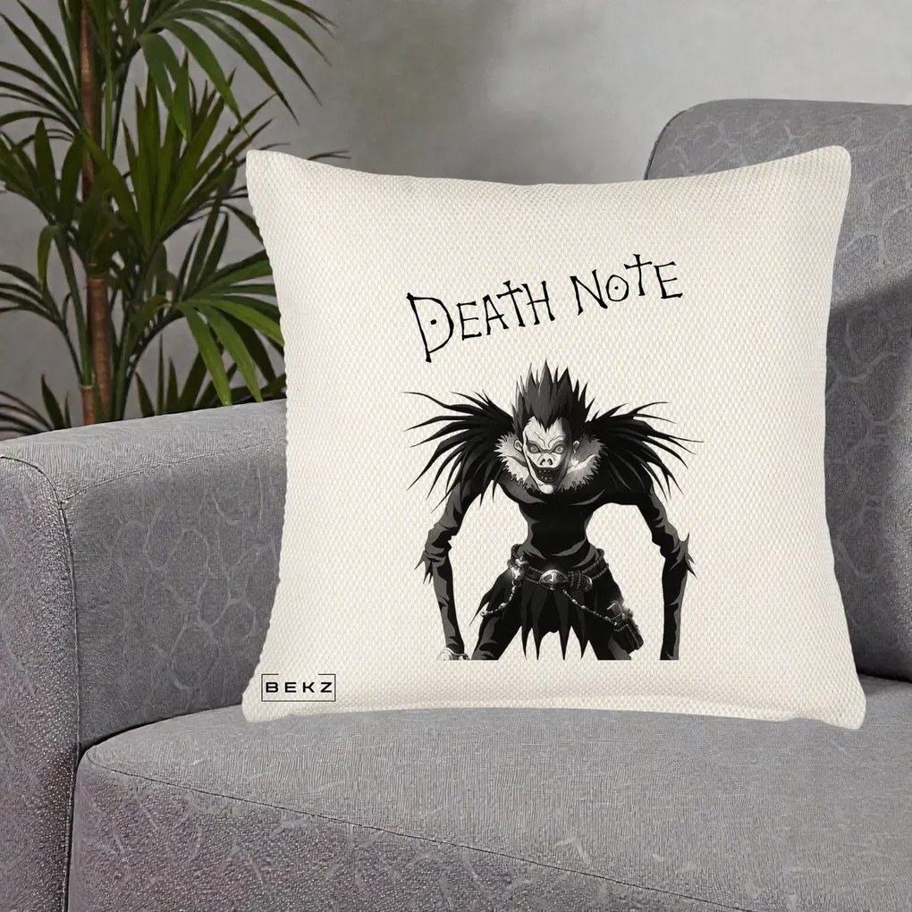 Perna Personalizata Death Note Ryuk Shinigami Alb-Negru, 40x40 cm, Crem Reliefat, Husa Detasabila, Perna Inclusa, BEKZ®