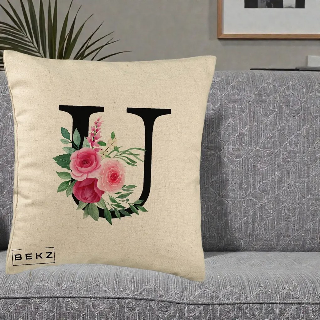 Cadou Personalizat - Perna Personalizata Monograma Florala Litera U, 40x40 cm, Bej, Husa Detasabila, Perna Inclusa, BEKZ®