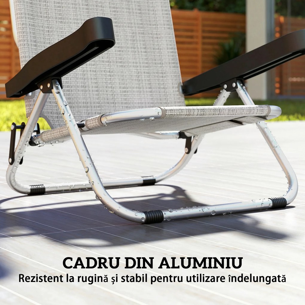 Set Outsunny 2 Șezlonguri Pliabile și Reclinabile pe 4 Poziții cu Suport pentru Cap, din Aluminiu, 62x61x80 cm, Gri | Aosom Romania