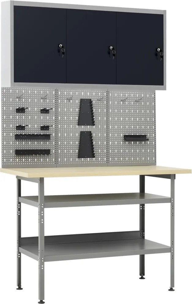 vidaXL Banc de lucru cu trei panouri de perete și un dulap