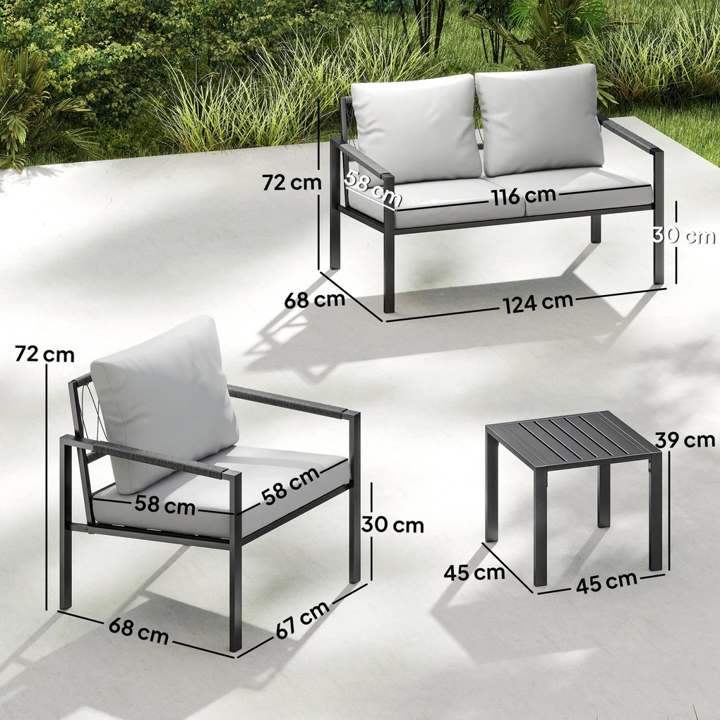 Outsunny Set mobilier grădină 4 persoane rezistent la intemperii set mobilier balcon cu canapea 2 locuri, fotoliu, perne, măsuță Gri deschis | Aosom Romania