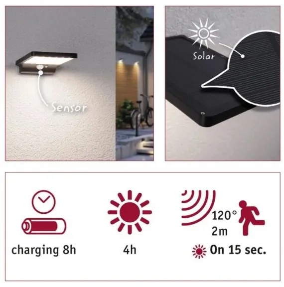 Paulmann 95393-LED/4W IP44 Lampa solară reglabilă cu senzor SOLVEIG 3,7V