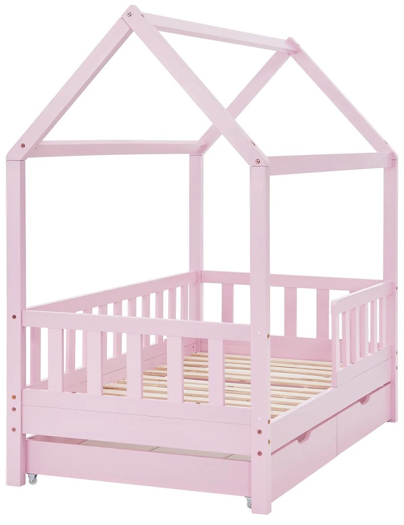 Patut Marli 90 x 200 cm cu 2 sertare si grilaj sipci - roz