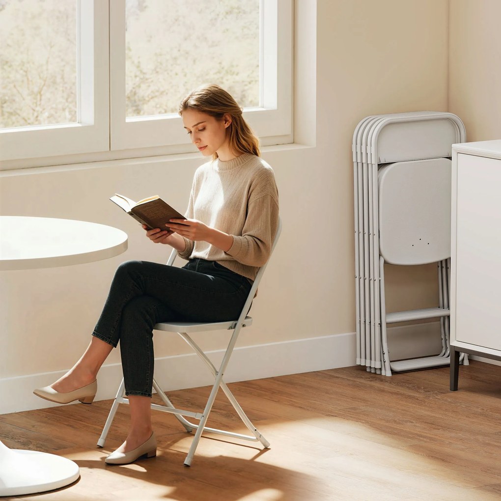 HOMCOM Set de 6 Scaune Pliabile din PP cu Orificii de Drenaj, Scaune Pliabile Salva-Spațiu Portabile din Oțel, Scaun Pliabil de Interior pentru Casă, Birou, Bucătărie, Evenimente, 45x49x79,5 cm, Alb | Aosom Romania