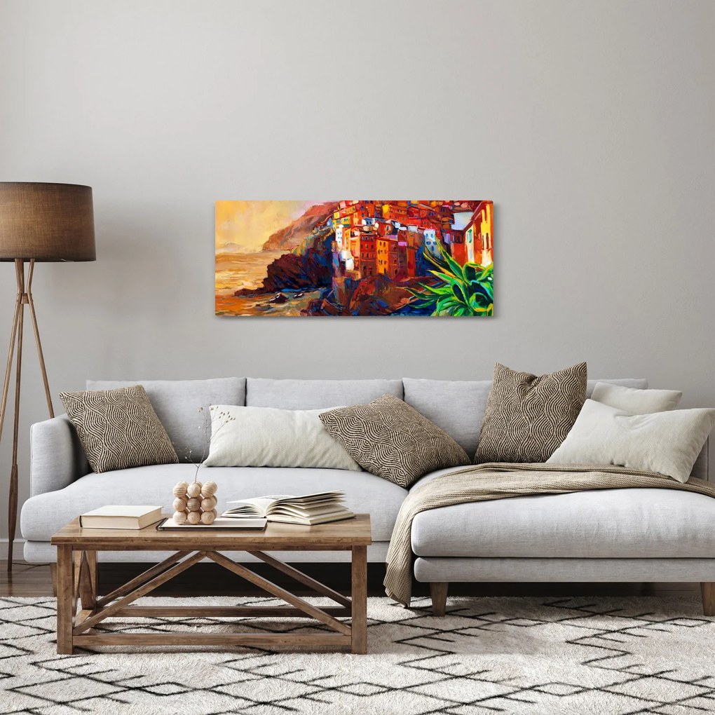 Tablou - Satul de coastă Cinque Terre, Riviera italiană, impresionismul modern (120x50 cm)