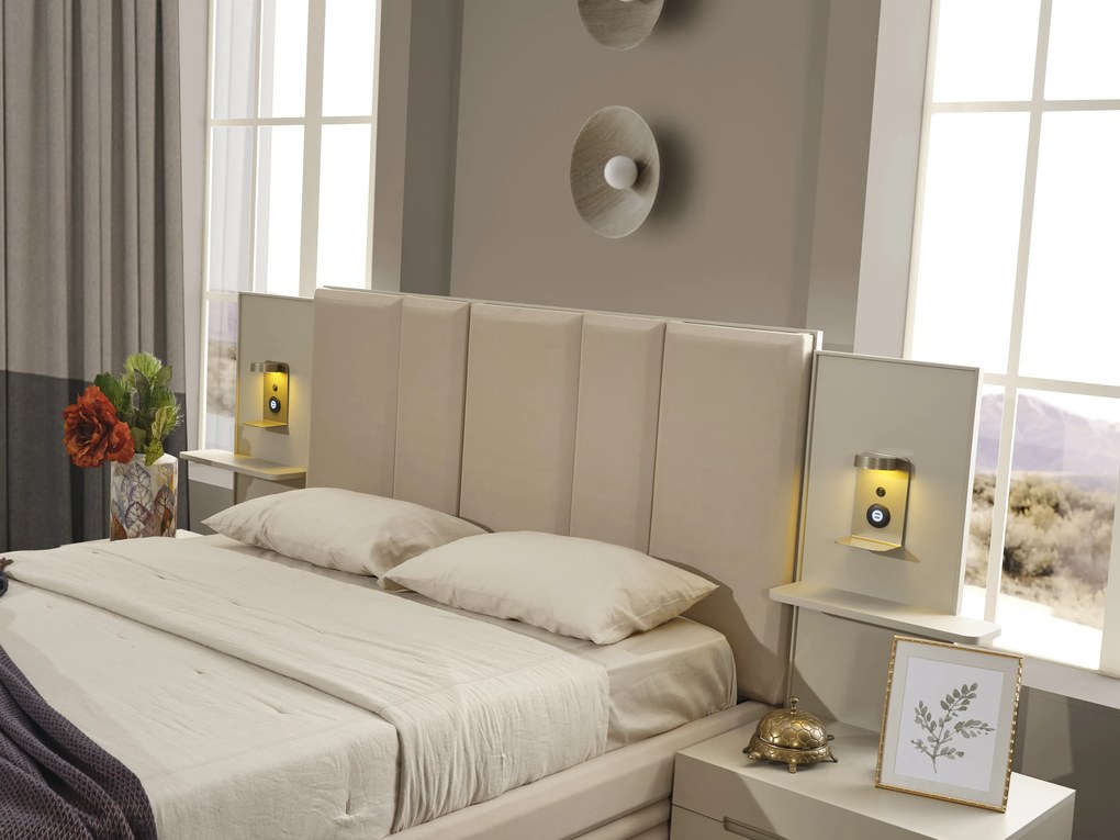 Set dormitor cu pat, noptiere, dulap, comoda din mdf crem si picioare metalice - riva