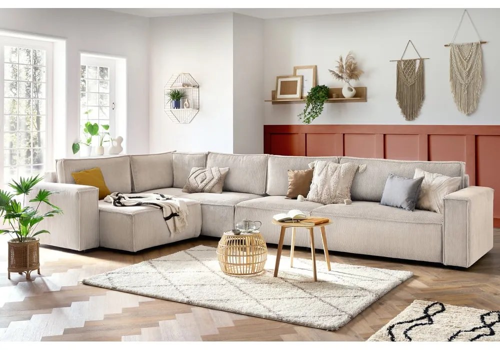 Colțar crem cu tapițerie din catifea reiată (cu colț pe partea stângă ) Nihad modular – Bobochic Paris