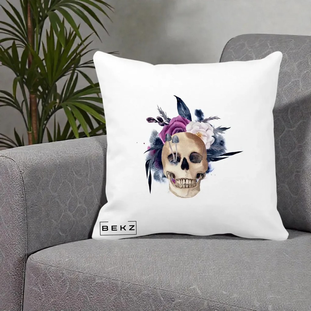 Perna Decorativa Craniu Floral cu Trandafiri si Ciuperci, 40x40 cm, Alba Mata, Husa Detasabila, Perna Inclusa, BEKZ®