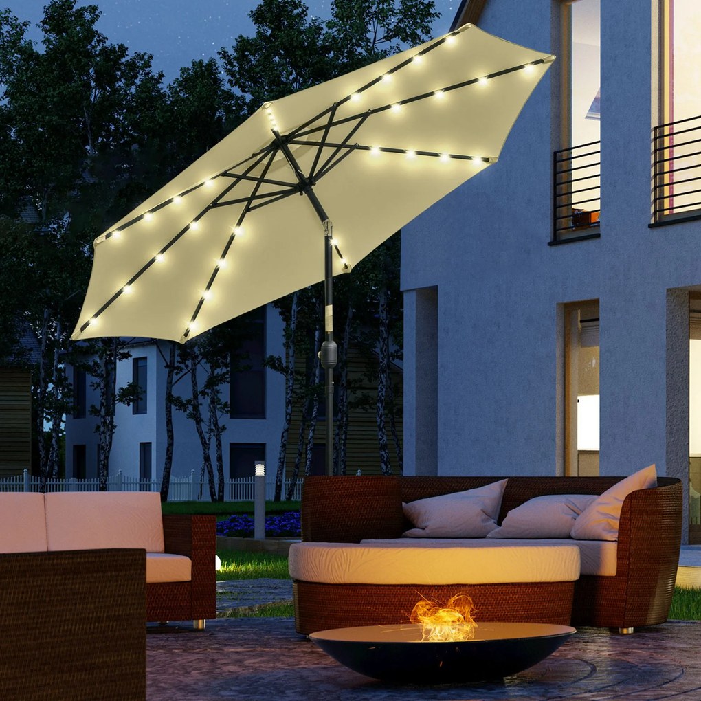 Outsunny Umbrelă de Grădină Inclinabilă Ø265 cm cu 32 Lumini LED Solare și Manivelă, Umbrelă de Exterior cu 8 Spițe, din Oțel, Poliester, pentru Terasă, Curte, Balcon, Bej | Aosom Romania