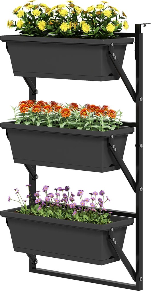 Outsunny Set de 3 ghivece ghiveci cu orificii, 56x42 cm, ghivece pătrate din plastic, Gri închis | Aosom Romania