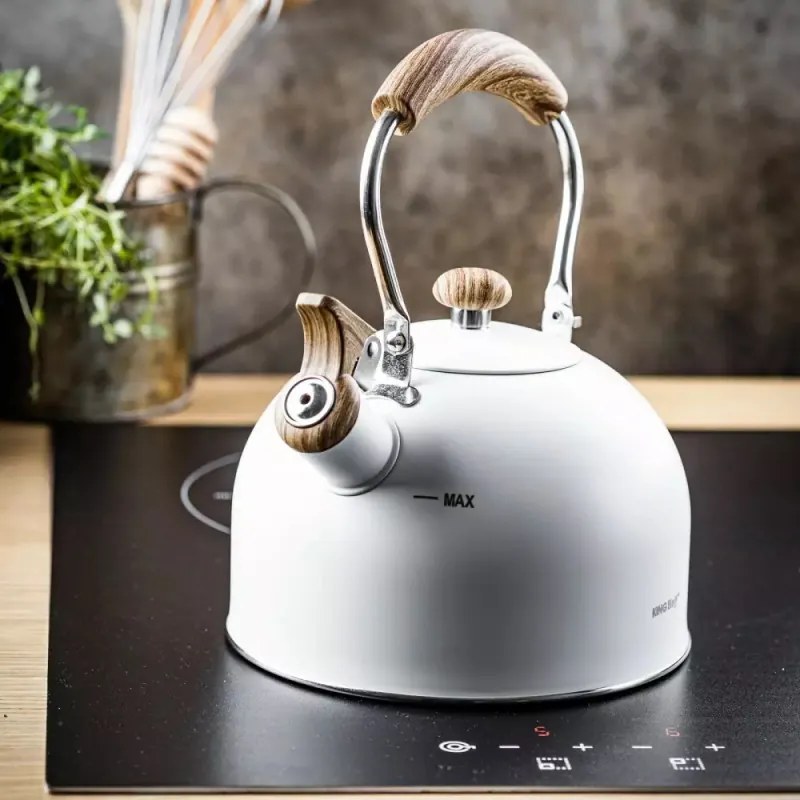 Resigilat: Ceainic cu fluier Kinghoff KH 1860, 2.5 l, Inductie, Maner din lemn, Alb