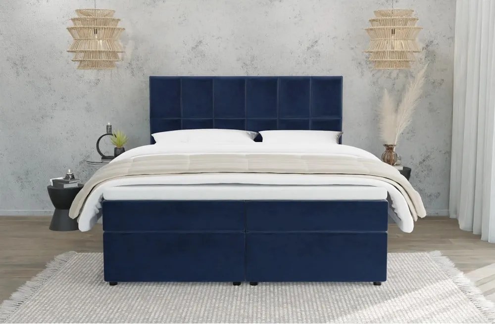 Pat boxspring albastru închis cu spațiu de depozitare 160x200 cm Flip – Ropez