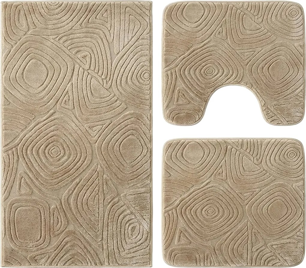 Set covoare baie antiderapante, 3 piese, bej, textura soft triunghi