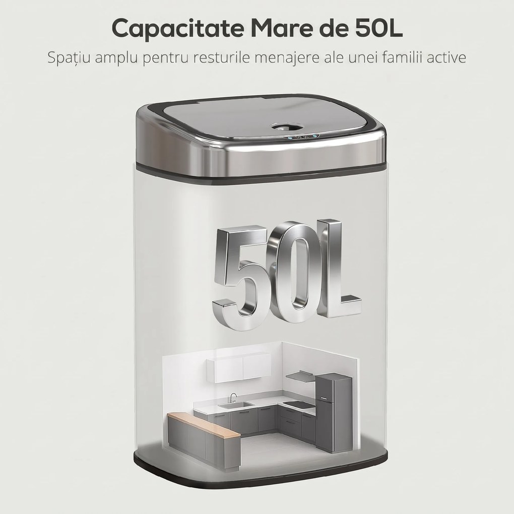 HOMCOM Coș de gunoi cu senzor infraroșu 50L, 2 moduri de deschidere, oțel inoxidabil, argintiu | Aosom Romania