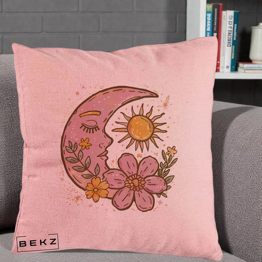 Perna Personalizata Luna si Soare Floral Boho, 40x40 cm, Roz, Husa Detasabila, Perna Inclusa, BEKZ®
