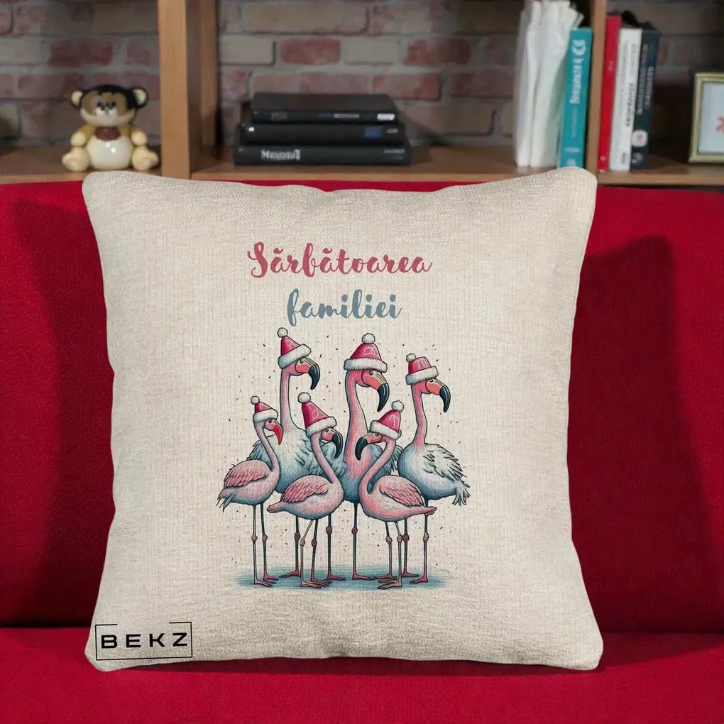 Perna Decorativa Flamingo Craciun Sarbatoarea Familiei, 40x40 cm, Bej Canapea, Husa Detasabila, Perna Inclusa, BEKZ®