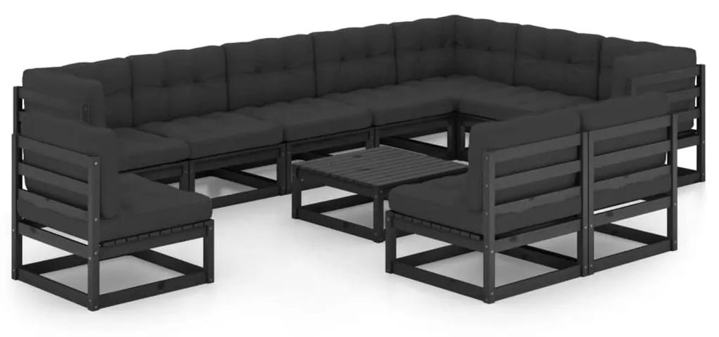 Set mobilier gradina cu perne, 11 piese, negru, lemn masiv pin Negru, 1, Da