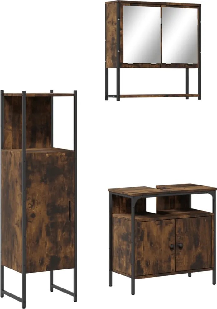 vidaXL Set mobilier de baie, 3 piese, stejar fumuriu, lemn prelucrat