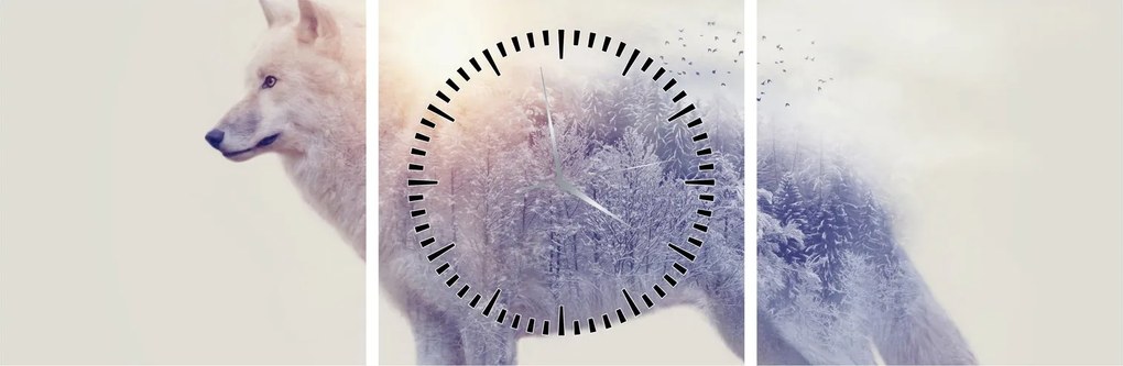 Tablou - Lupul arctic oglindit în peisaj sălbatic (cu ceas) (90x30 cm)
