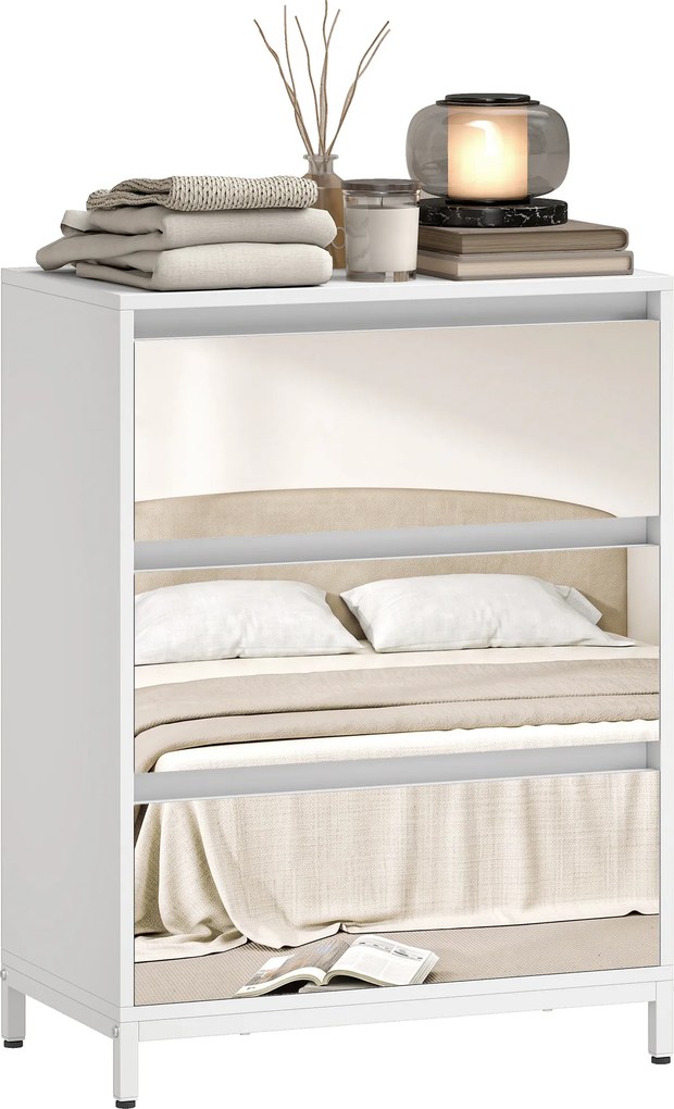 HOMCOM Comodă cu 3 Sertare și Fronturi Oglindă, Design Modern pentru Dormitor sau Hol, 60x35x80 cm, Albă | Aosom Romania