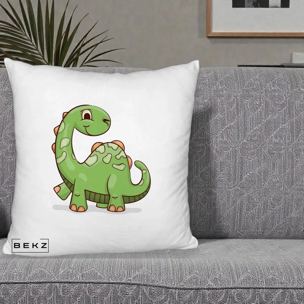 Perna Decorativa Brontosaur Verde Simpatic, 40x40 cm, Alb Pufos, Husa Detasabila, Perna Inclusa, BEKZ®