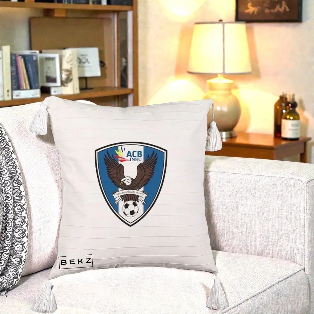 Perna Personalizata ACB Ineu Fotbal, 40x40 cm, Bej cu Franjuri, Husa Detasabila, Perna Inclusa, BEKZ®