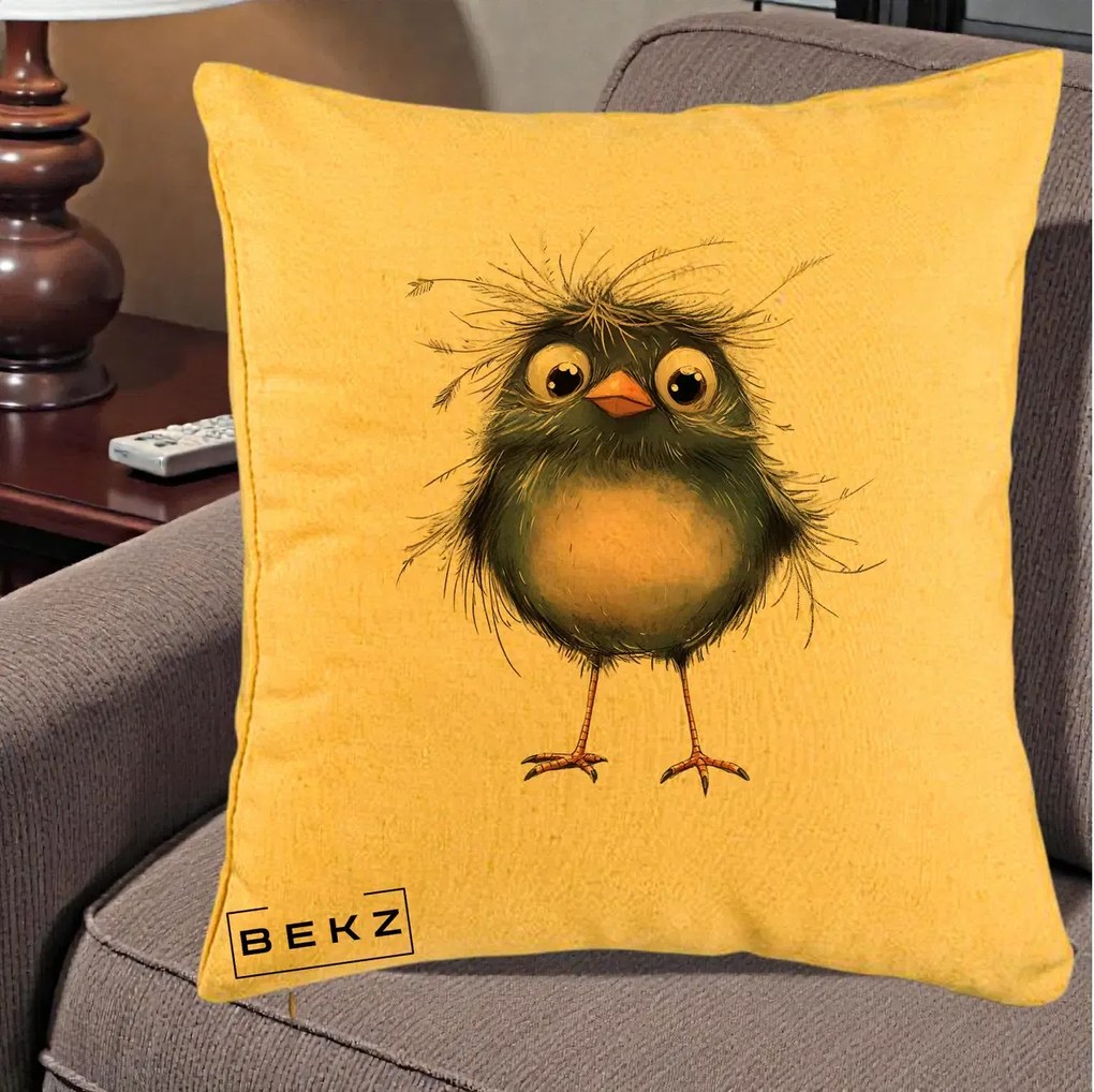 Perna Decorativa Pui Negru Zbarlit cu Pene Fine, 40x40 cm, Galben, Husa Detasabila, Perna Inclusa, BEKZ®