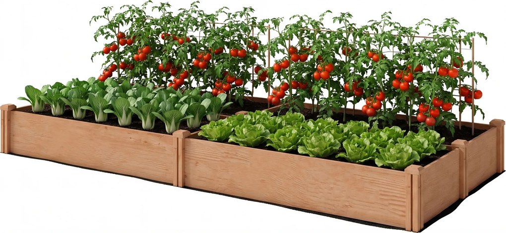 Outsunny Pat de grădină pătrat din lemn, 4 zone de cultură, fond deschis, montaj fără unelte, 234x109x25cm, maro deschis | Aosom Romania