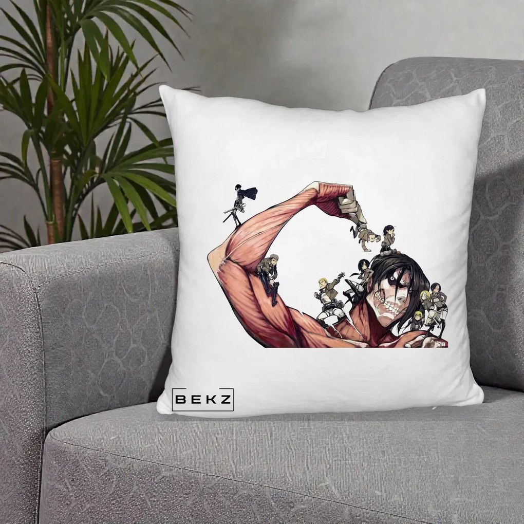 Perna Personalizata Attack on Titan Eren Titan Grup, 40x40 cm, Alb Pufos, Husa Detasabila, Perna Inclusa, BEKZ®