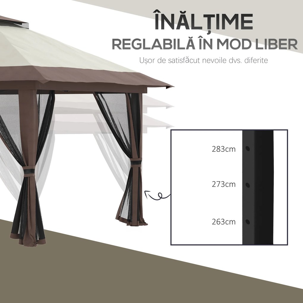 Outsunny Pavilion Pliabil Pop-Up 4x4 m cu Înălțime Reglabilă pe 3 Niveluri, Pavilion de Exterior cu Plasă de Țânțari, Saci de Nisip, Geantă de Transport, UV50+, pentru Grădină, Camping, Petreceri, Bej | Aosom Romania