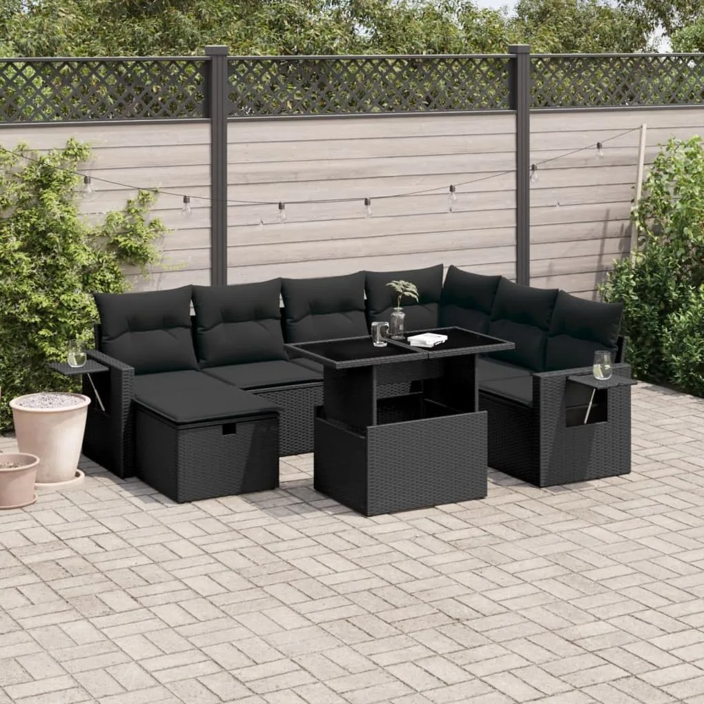 3274995 vidaXL Set mobilier de grădină cu perne, 8 piese, negru, poliratan