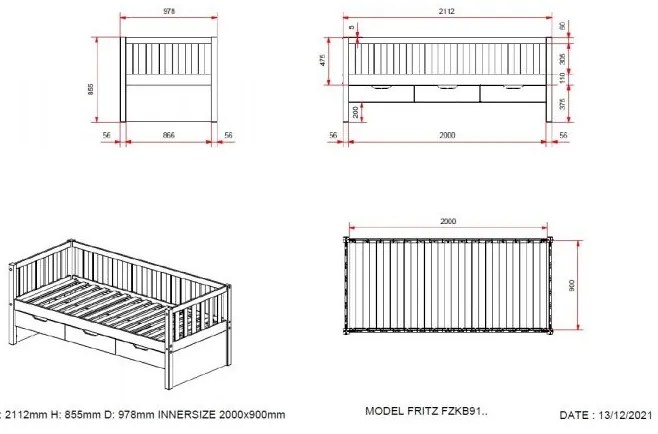 Pat Cabină Fritz 90x200 cm cu Sertare, pentru Copii, Alb – Vipack