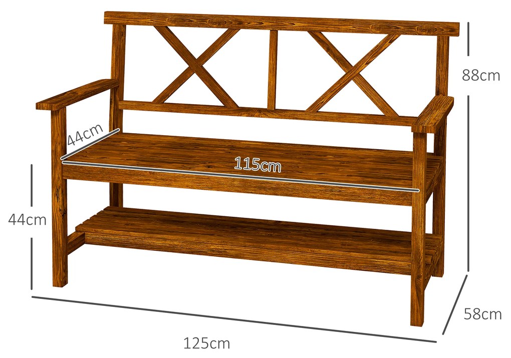 Outsunny Bancă din Lemn, Bancă cu 2 Locuri de Exterior cu Raft de Depozitare, Spătar, Cotiere și Scaun, 125x58x88 cm, Carbonizat | Aosom Romania