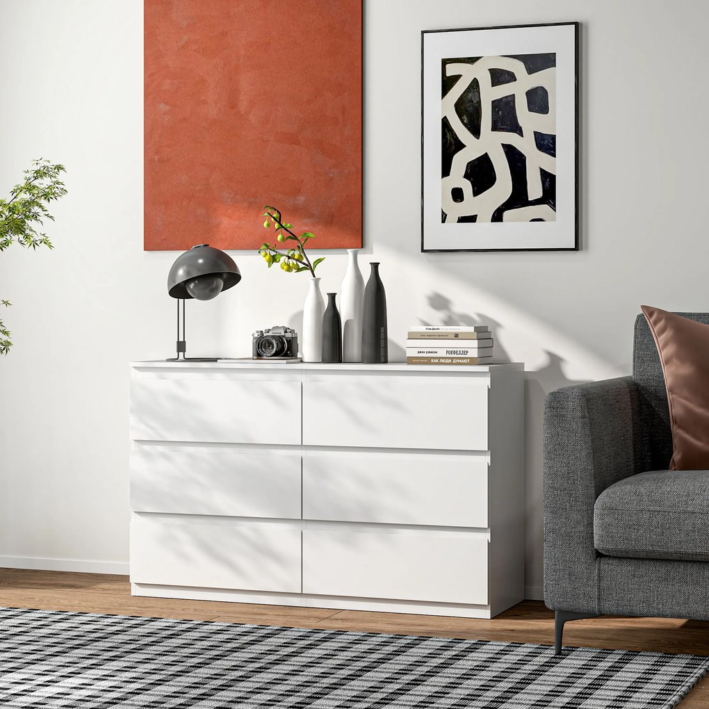 HOMCOM Comodă cu 6 Sertare și Picioare Antiderapante din Lemn, 120x39x75 cm, Alb | Aosom Romania