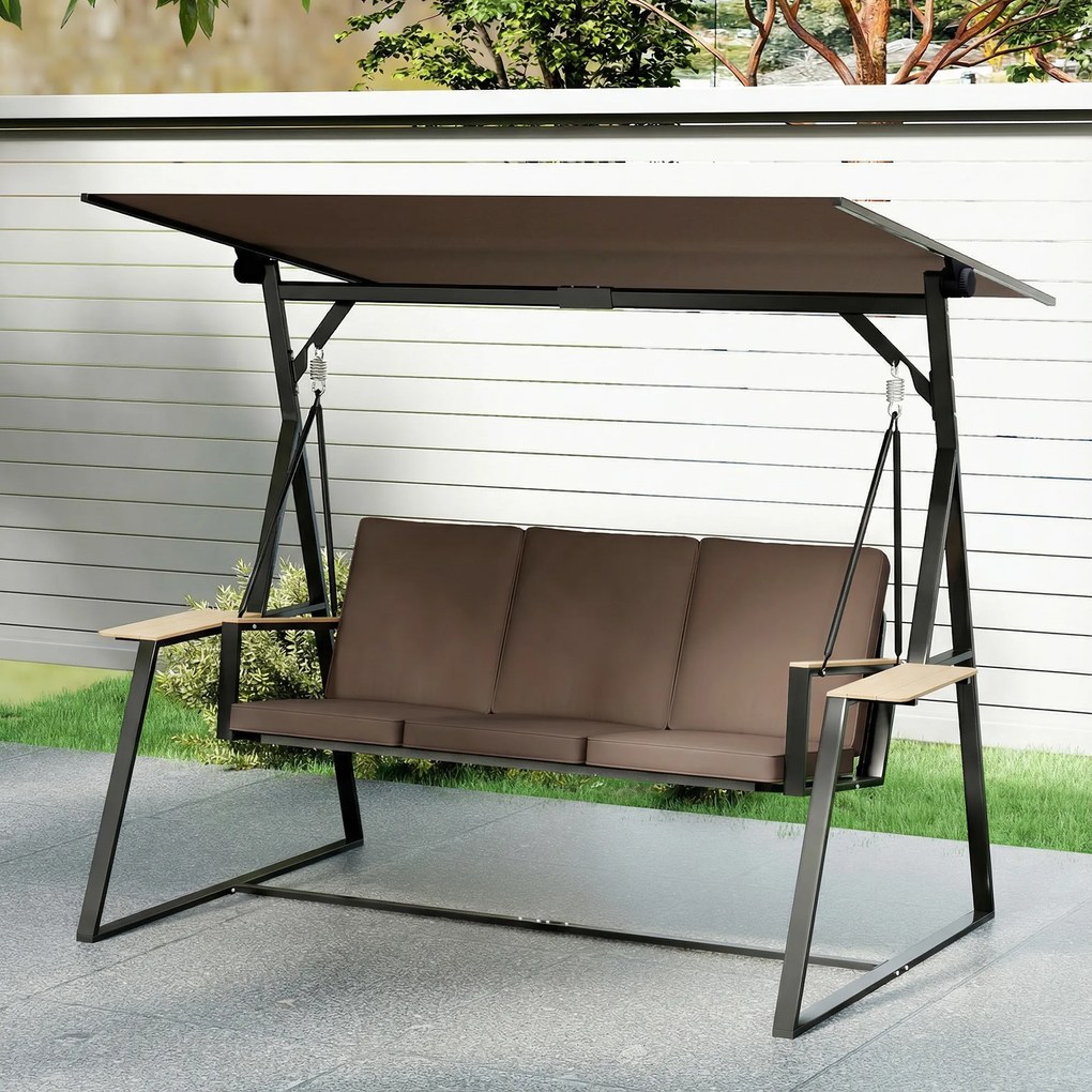 Outsunny Balansoar de Grădină cu 3 Locuri și Acoperiș Reglabil, Balansoar de Exterior din Metal cu Tăvi pentru Băuturi, Perne Imbătute, Capacitate 360kg, pentru Terasă sau Balcon, 222x131x175 cm, Maro | Aosom Romania
