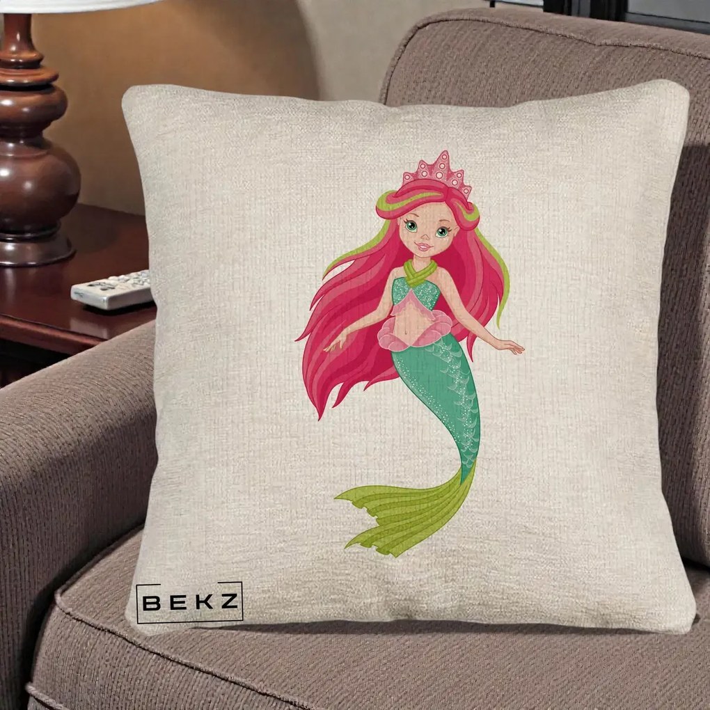 Perna Decorativa Sirena Roz cu Coroana, 40x40 cm, Bej Canapea, Husa Detasabila, Perna Inclusa, BEKZ®