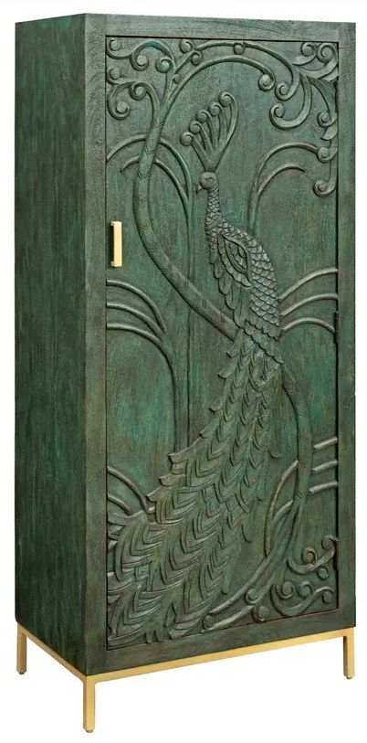 Dulap PEACOCK 175cm lemn de mango verde sculptat 3D cu design paun