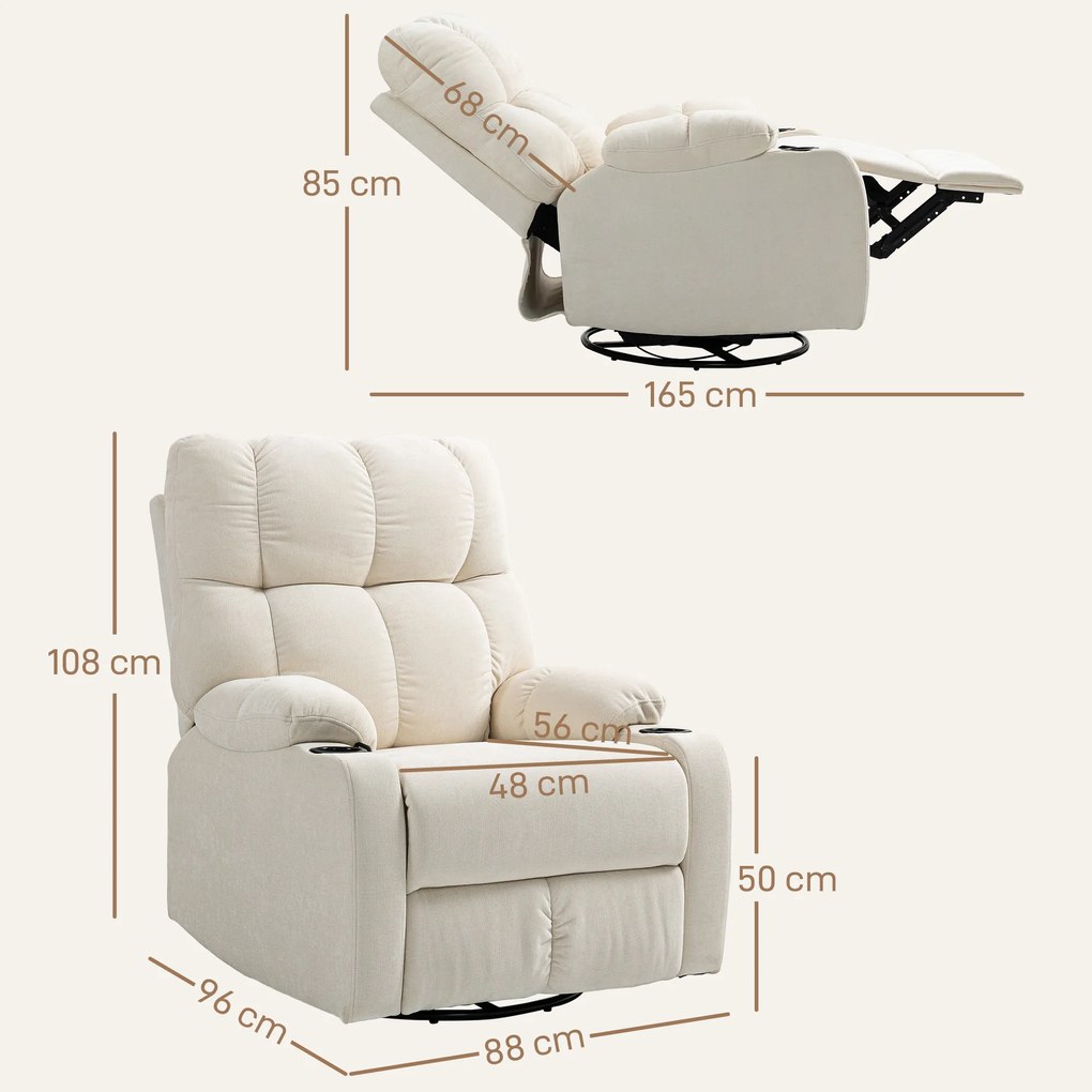HOMCOM Fotoliu de relaxare cu suport pentru picioare, fotoliu de culcare, rotativ, până la 150 kg, structură din oțel, 88x96x108cm, Bej | Aosom Romania