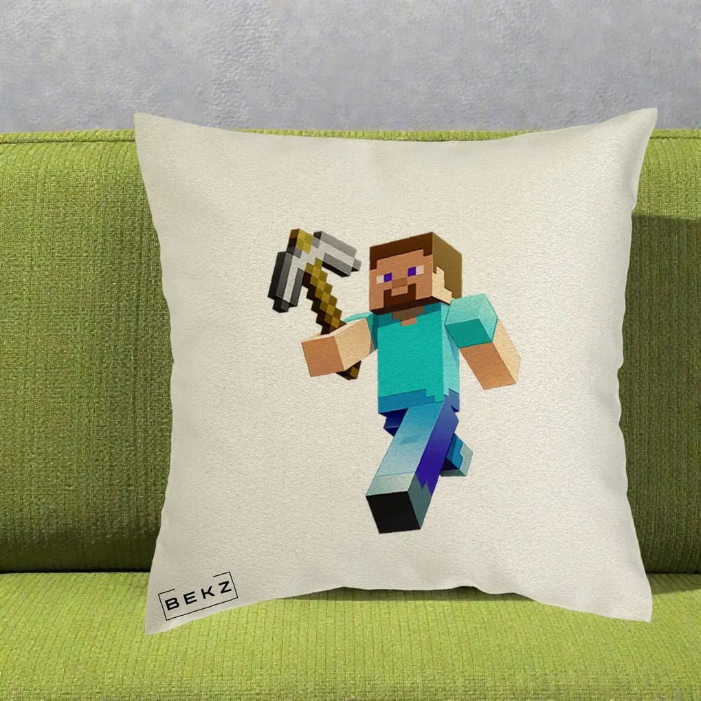 Perna Personalizata Minecraft Steve cu Tarnacop, 40x40 cm, Ecru, Husa Detasabila, Perna Inclusa, BEKZ®