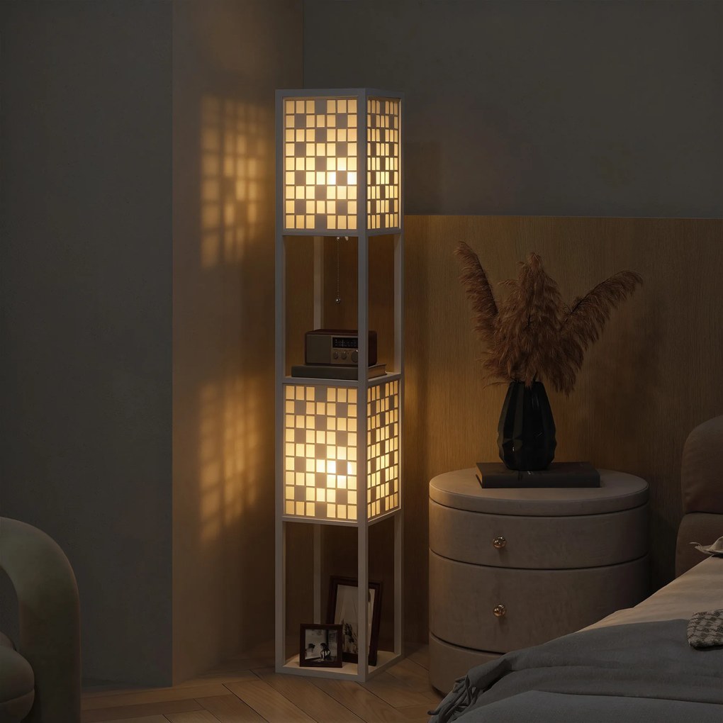 HOMCOM Lampă de podea, model tip plasă, rafturi în 2 niveluri, compatibilă cu diferite becuri, Alb | Aosom Romania