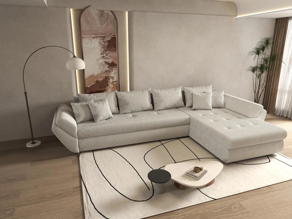 Colțar extensibil dumonde cu ladă de depozitare si sezut confortabil din spuma high-density, Loana XL Zoom Cream II 335x185 cm