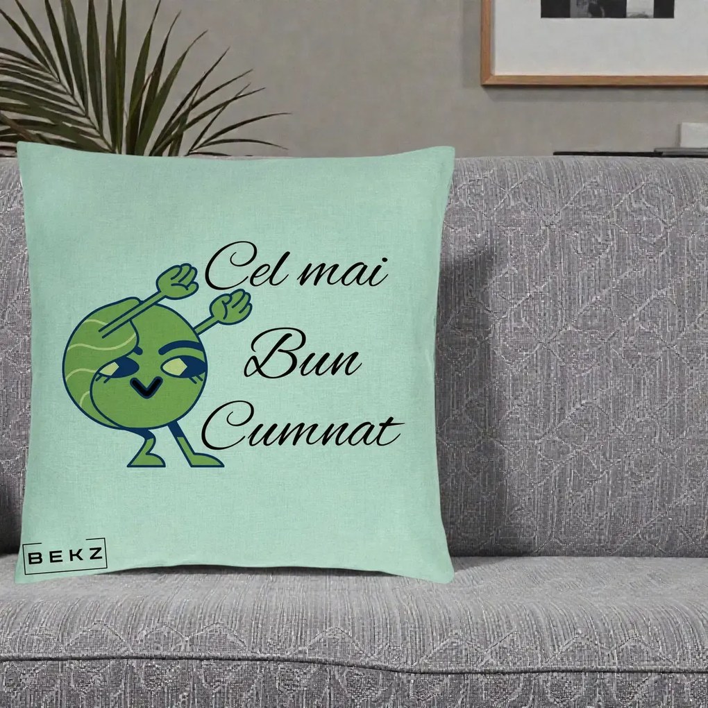 Cadou pentru Cumnat - Perna Personalizata Cel mai Bun Cumnat cu Personaj Funny Verde, 40x40 cm, Verde Menta, Husa Detasabila, Perna Inclusa, BEKZ®
