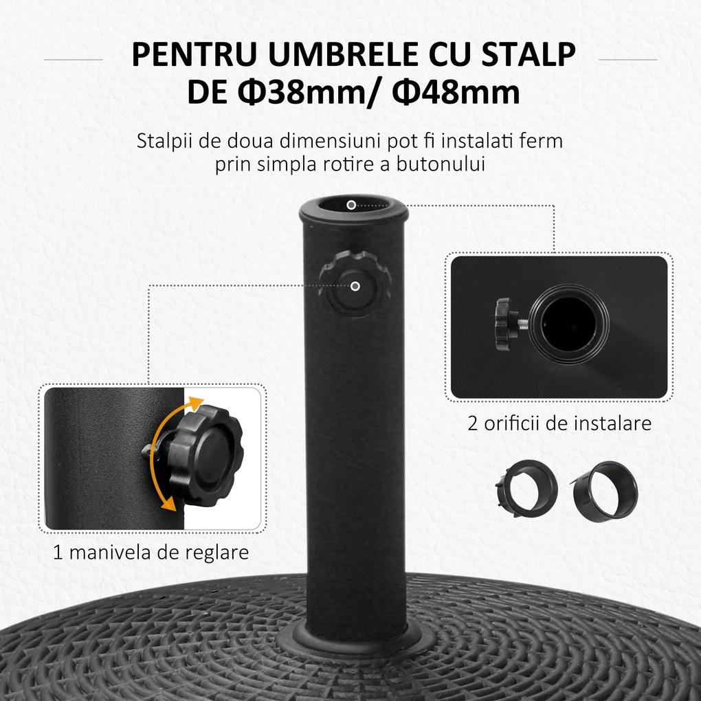 Outsunny Bază Rezistentă pentru Umbrele de Soare, Rășină și Oțel, Compatibilă cu Stâlpi 38-48mm, Ø52x41cm, Negru | Aosom Romania