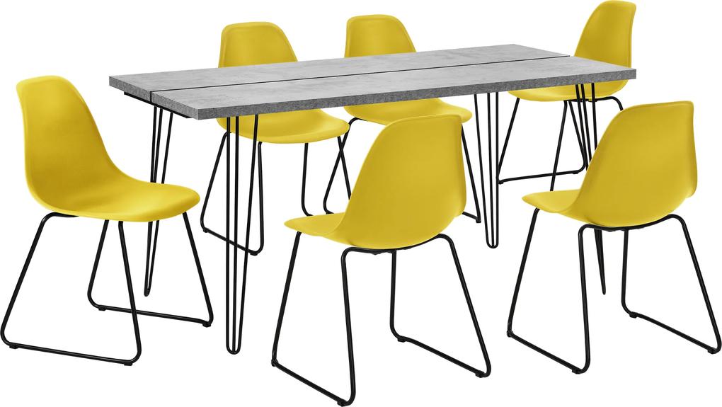 [en.casa]® Set design  masa bucatarie cu 6 scaune, 160 x 75 x 77cm, efect beton/galben-mustar